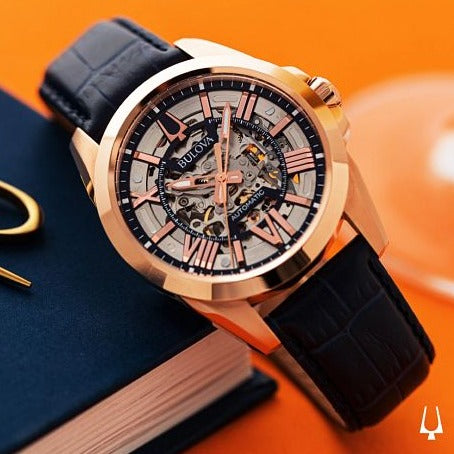Bulova Navy Rose Gold Tone Exposed Mechanism Watch