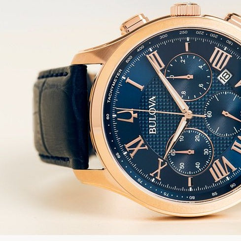 Bulova Navy Rose Gold Chronograph Leather Watch