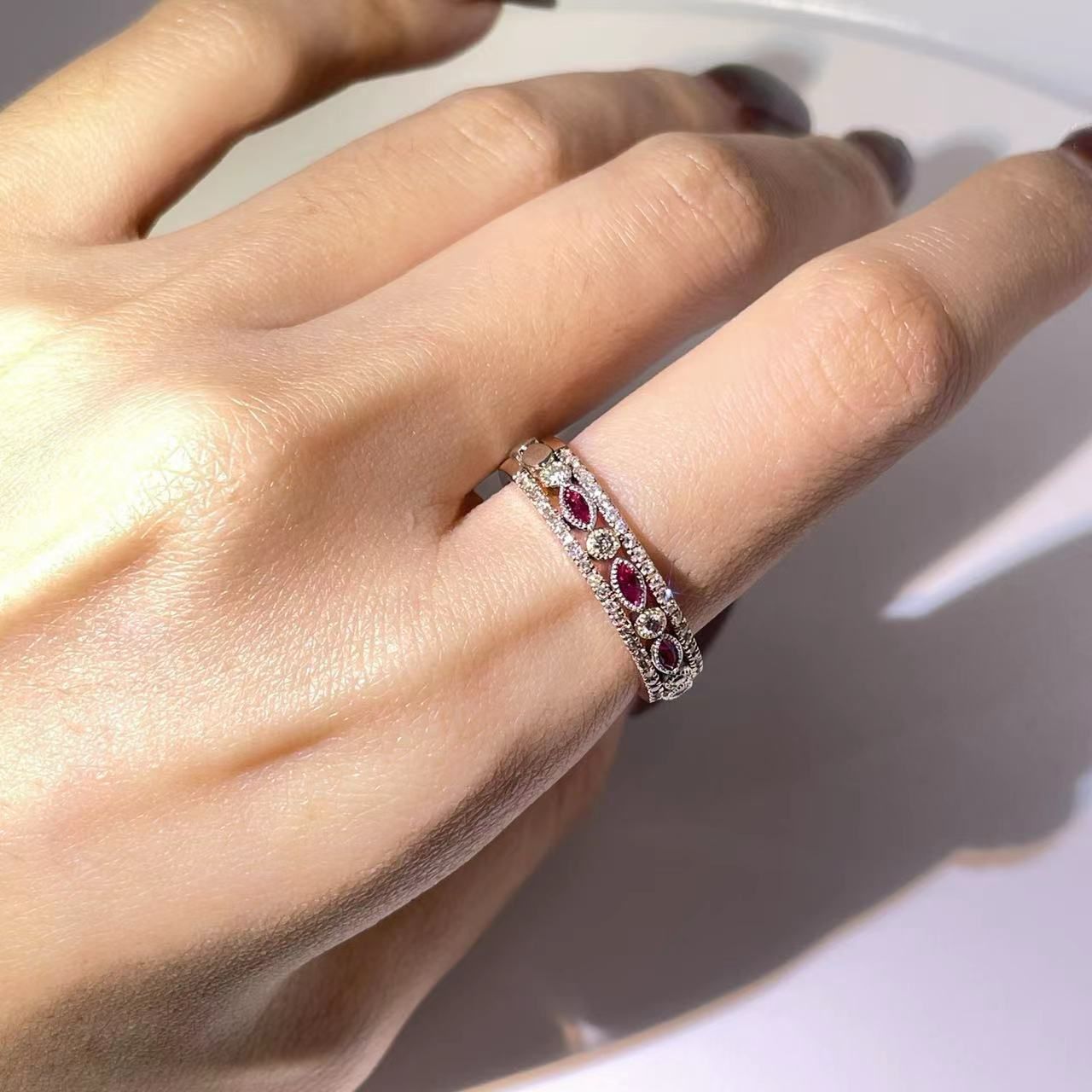 Tri Gold Diamond Ruby Ring