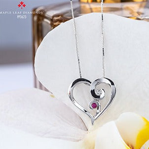 10K White Gold Diamond Ruby Heart Necklace