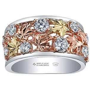 14K Tri-Colored Gold Diamond Ring with Maple Leaf Design