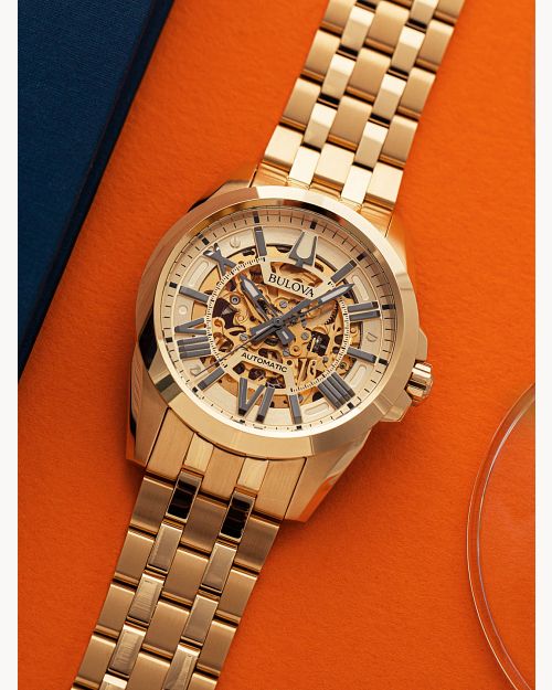 Bulova Gold Tone Exposed Mechanism Automatic Watch