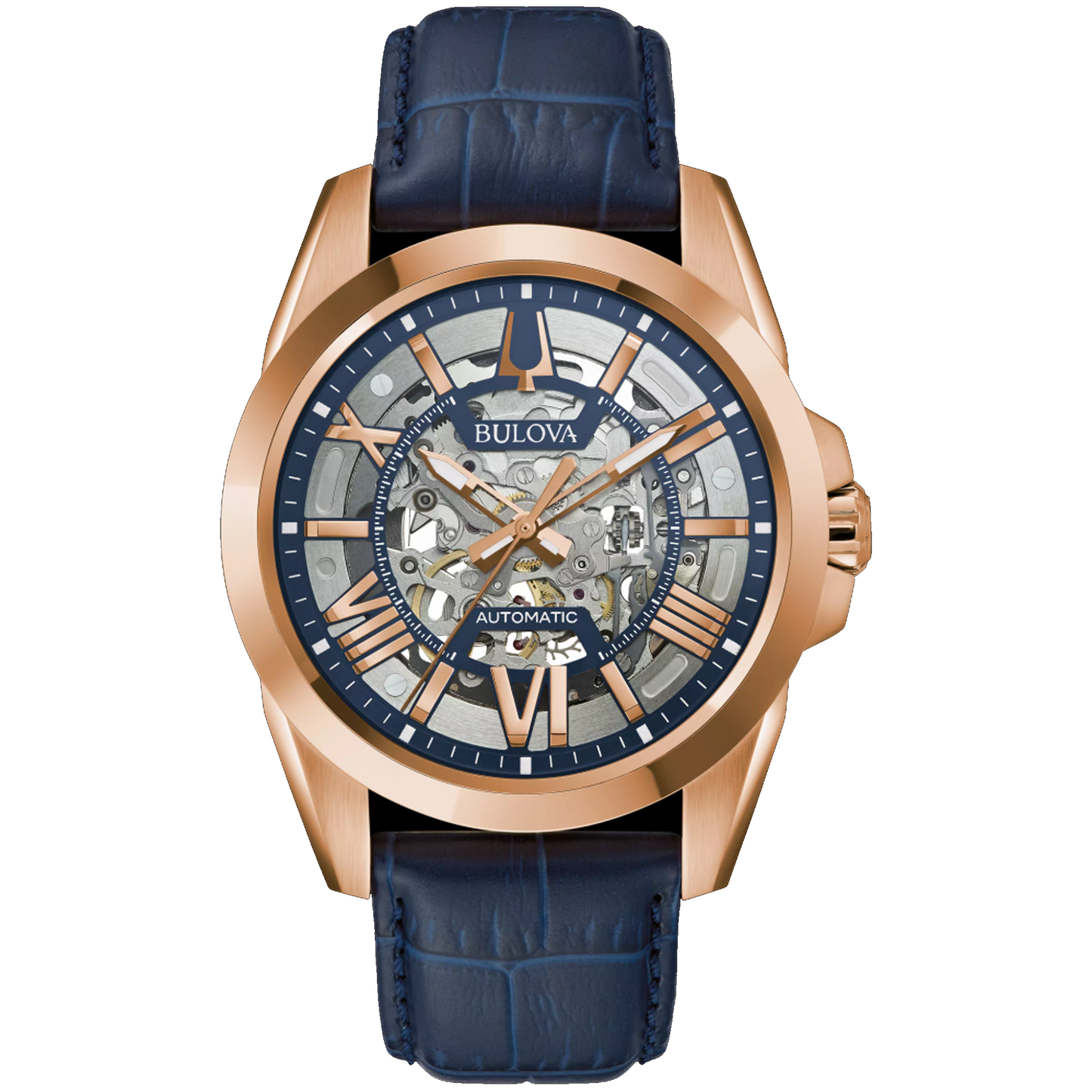Bulova Navy Rose Gold Tone Exposed Mechanism Watch