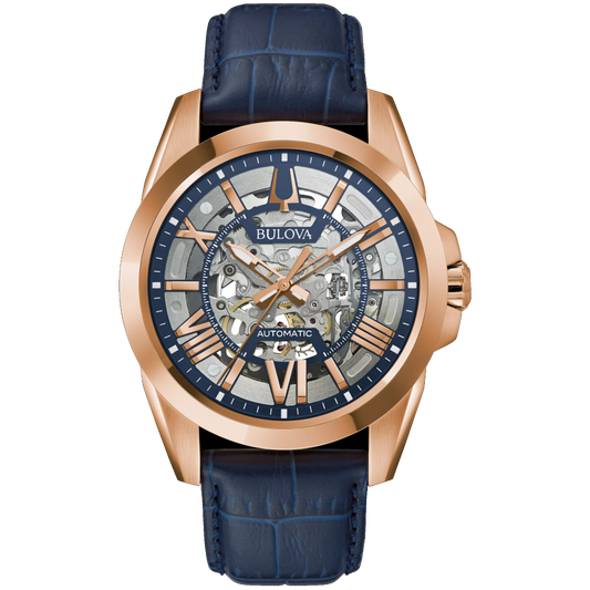 Bulova Navy Rose Gold Tone Exposed Mechanism Watch