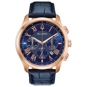 Bulova Navy Rose Gold Chronograph Leather Watch