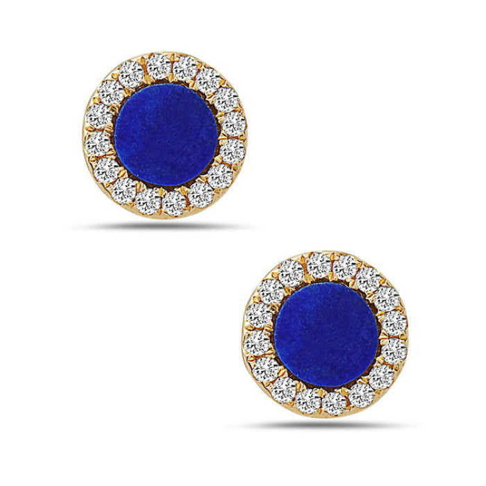 14K Yellow Gold Diamond Lapis Stud Earrings