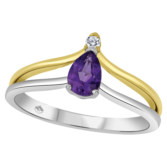 10K Two Tone Gold Diamond Amethyst Ring