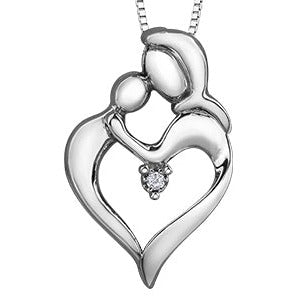Sterling Silver Diamond Mother Child Heart Necklace