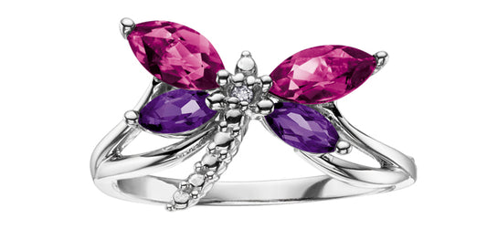 10K White Gold Amethyst & Pink Topaz Dragonfly Ring