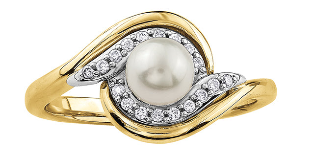 10K Two Tone Diamond & Pearl Ring