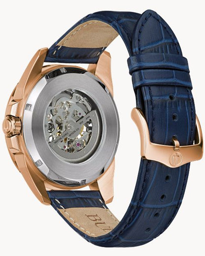 Bulova Navy Rose Gold Tone Exposed Mechanism Watch