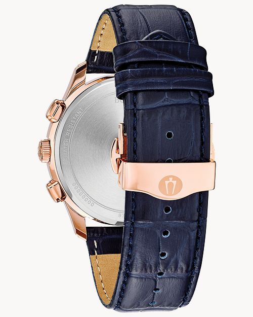 Bulova Navy Rose Gold Chronograph Leather Watch
