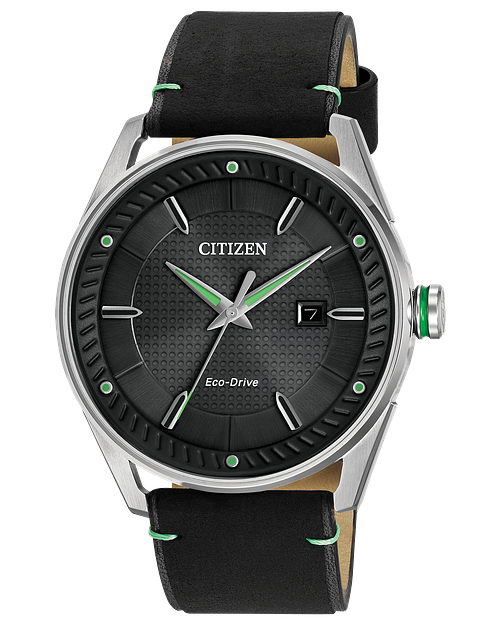 Citizen Eco Drive Black & Silver Tone with Leather Strap