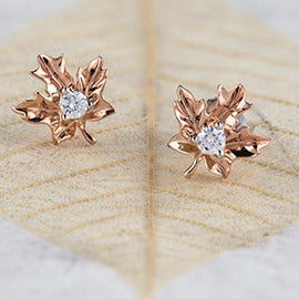 14K Rose Gold Diamond Maple Leaf Earrings