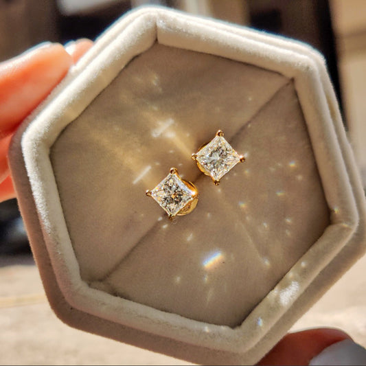 Moissanite Princess Cut Studs in Yellow Gold