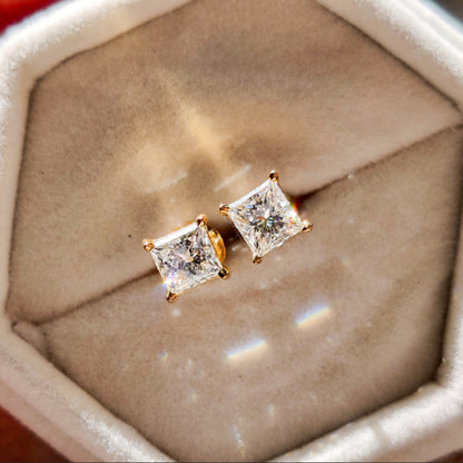 Moissanite Princess Cut Studs in Yellow Gold