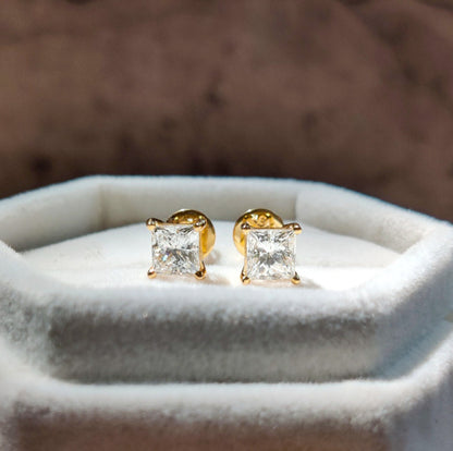 Moissanite Princess Cut Studs in Yellow Gold