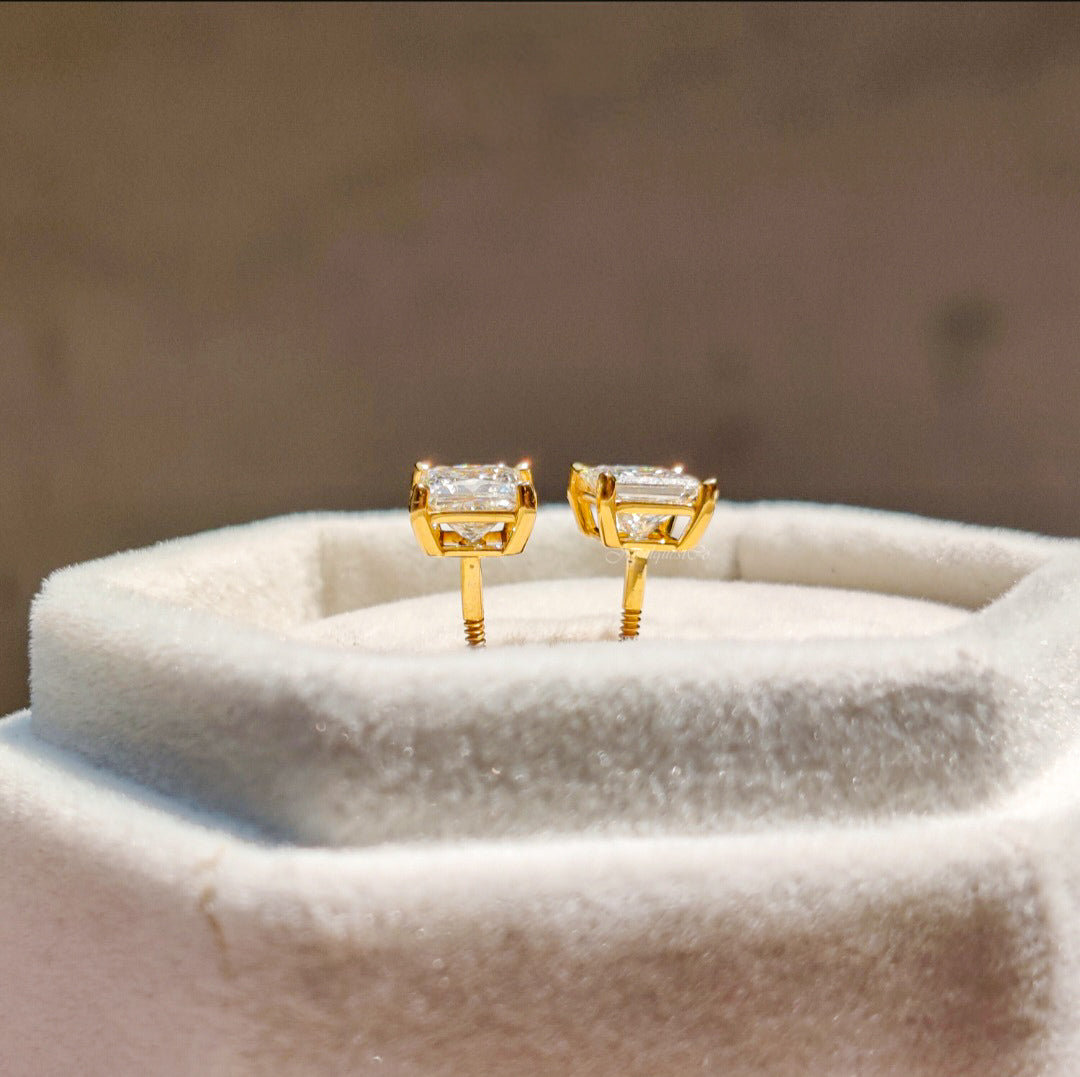 Moissanite Princess Cut Studs in Yellow Gold