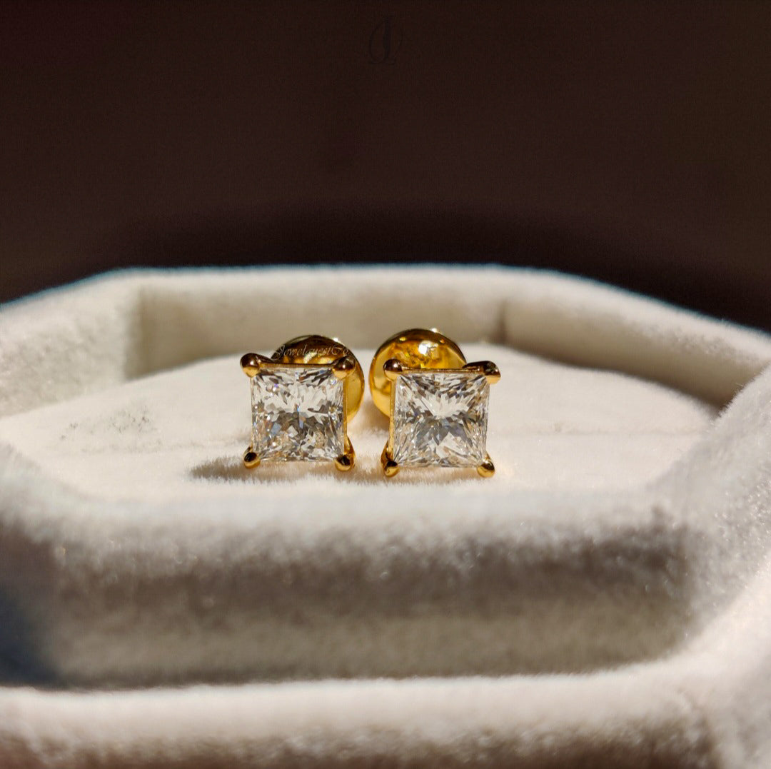 Moissanite Princess Cut Studs in Yellow Gold