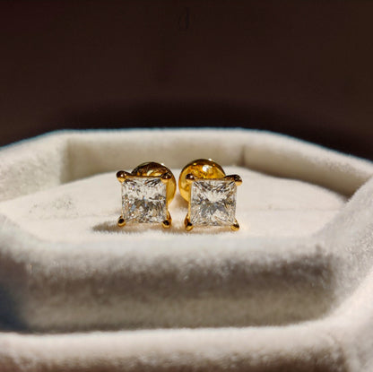 Moissanite Princess Cut Studs in Yellow Gold