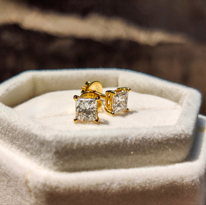 Moissanite Princess Cut Studs in Yellow Gold