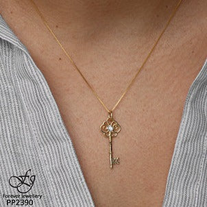 10K Yellow Gold Diamond Key Necklace