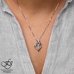 Sterling Silver Diamond Mother Child Heart Necklace