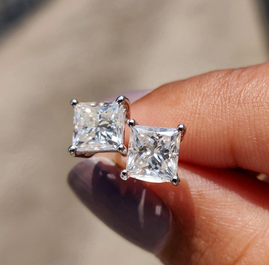 Moissanite Princess Cut Studs in White Gold