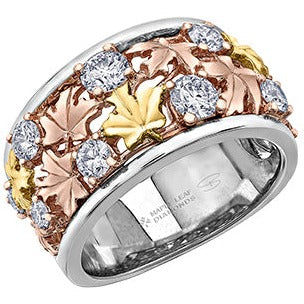14K Tri-Colored Gold Diamond Ring with Maple Leaf Design