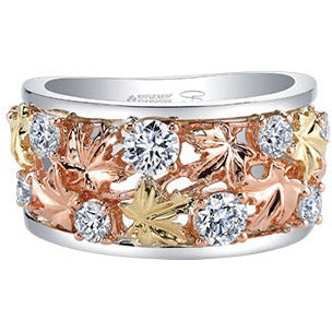 14K Tri-Colored Gold Diamond Ring with Maple Leaf Design