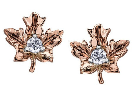 14K Rose Gold Diamond Maple Leaf Earrings