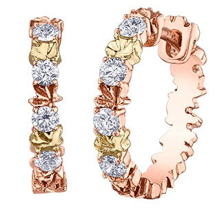 14K Tri Gold Maple Leaf Diamond Hoop Earrings