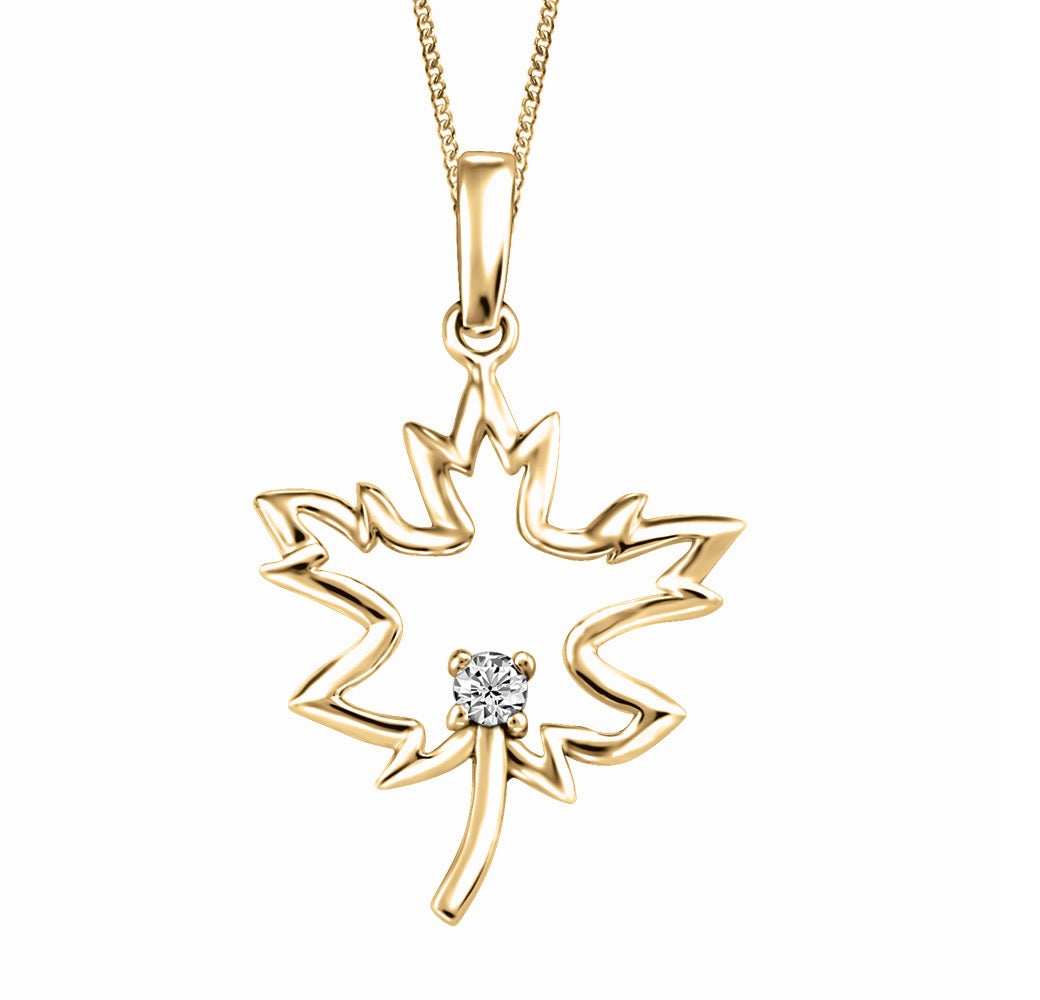 10K Yellow Gold Diamond Maple Leaf Necklace