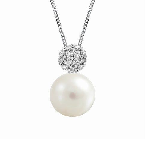 10K White Gold Diamond & Pearl Necklace