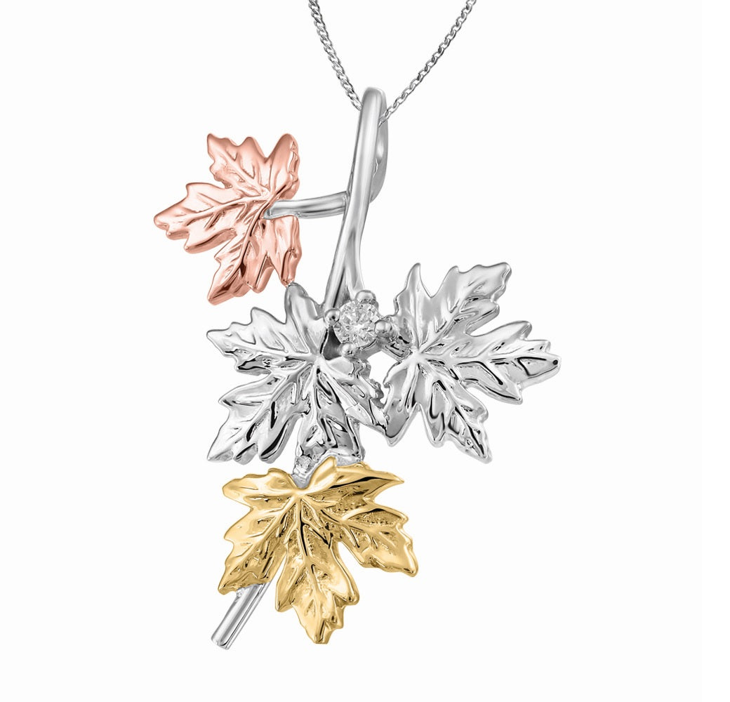 10K Tri Gold Maple Leaf Diamond Necklace