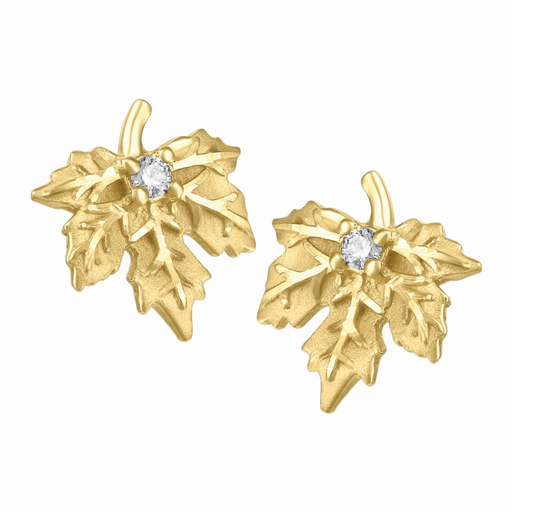 10K Yellow Gold Maple Leaf Diamond Earrings