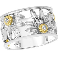 10K Two Tone Wide Band Daisy Ring