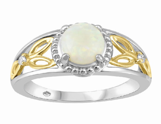 10K Two Tone Diamond Opal Ring