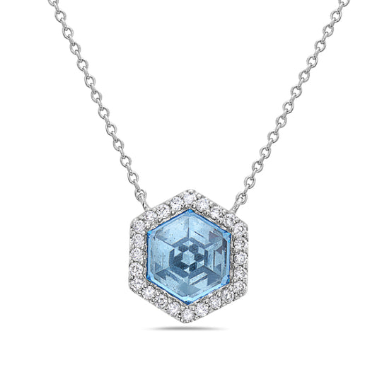 14K White Gold Blue Topaz Diamond Necklace