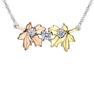 14K Tri Gold Maple Leaf Diamond Necklace