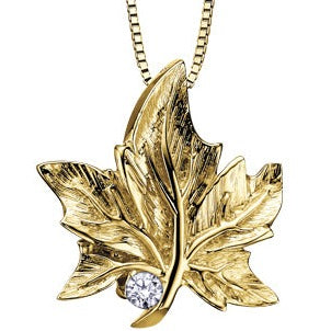 10K Yellow Gold Diamond Maple Leaf Necklace