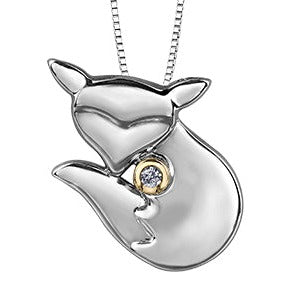 10K Yellow Gold Silver Diamond Fox Necklace