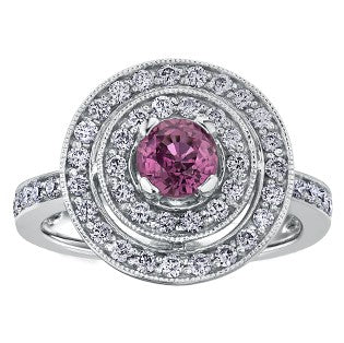 14K White Gold Pink Sapphire & Diamond Double Halo Ring