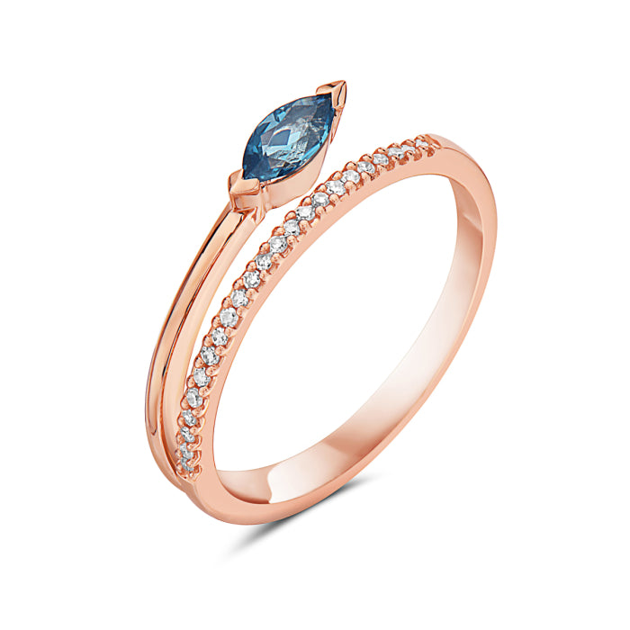 14K Rose Gold Cross Over Ring with London Blue Topaz